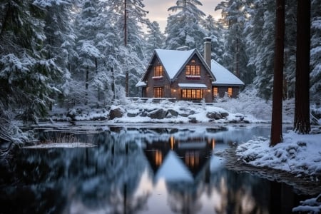 Cottage in winter - Trees, Winter, Snow, Cabin