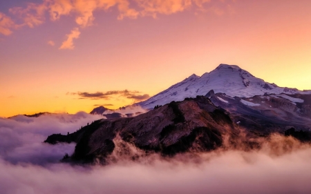 Mt. Baker in late October, Washington - mist, rocks, sunset, trees, usa, volcano