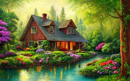 A beautiful house in the forest with a beautiful garden - artwork, cottage, digital, flowers, river, trees