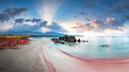 Heaven on Earth - journey, swim, sky, relax, blue, Greece, Crete, Mediterranean, beach, island, landscape, holidays, sand, pink, paradise, water, photography, vacation, sea, beauty, travel, nature, trip