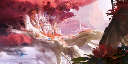 :) - white, fantasy, world, size, pink, art, castle, tree