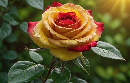 Yellow and red rose - drops, flower, leaf, rose