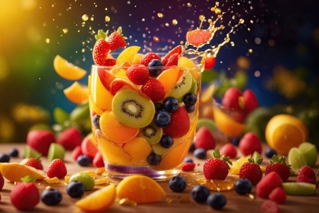 Fruits juice - breakfast, fruits, glasses, oranges, strawberries
