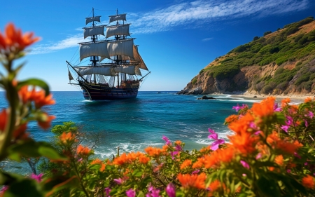 Pirate ship sailing on the sea - water, sailship, flowers, digita, island, art