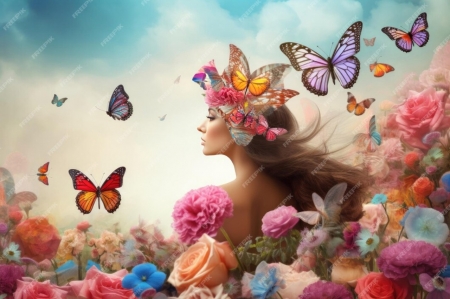 Woman with butterflies - butterflies, nature, roses, sky, woman
