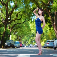 Sexy Asian in a Blue Mini Dress