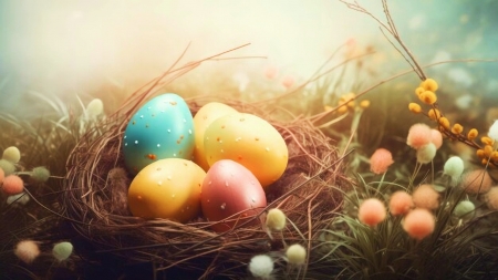 Easter Eggs - artwork, colors, nest, painting