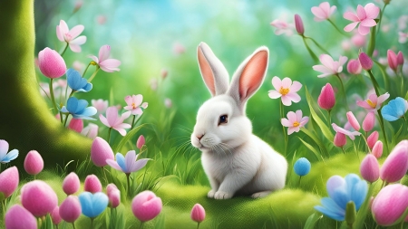 Happy Easter - artwork, blossoms, bunny, digital, flowers
