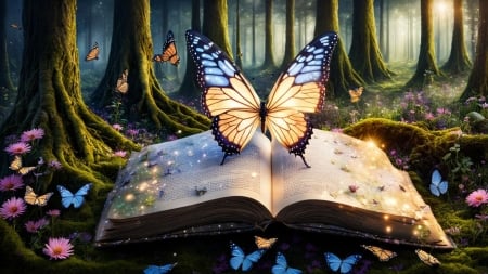 Forest Butterflies and Magic Book - repkedo pillangok, erdo, novenyvilag, konyv, varazskonyv