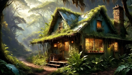 Mossy roof of an illuminated house in the forest - haz, fak, novenyzet, mohos, ut, erdo