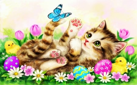 Easter Garden - eggs, flowers, chicken, blossoms, kitten, painting, butterfly, spring