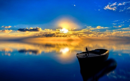 Sunset lake - boat, landscape, reflection, sunset