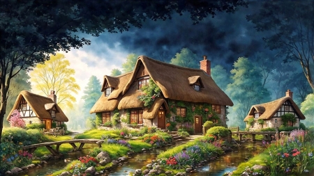 Peaceful forest home in spring - bekes, erdei hazak, fak, otthon, patak, sotet felhok, tavasz, viragok