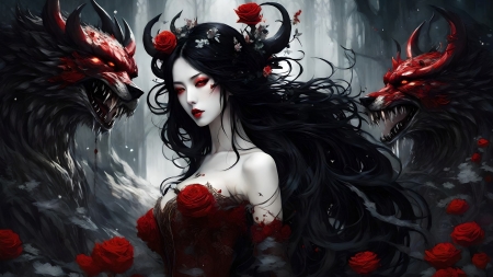 Fantasy girl - black, lup, fantasy, red, wolf, girl, art, demon