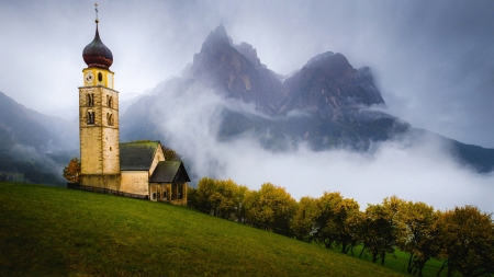 Church at Castelrotto, Dolomites, Italy - alps, fog, landscape, mountains, rocks, trees