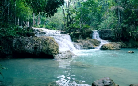 Kuang Si falls, Laos - cascades, pond, river, rocks, trees