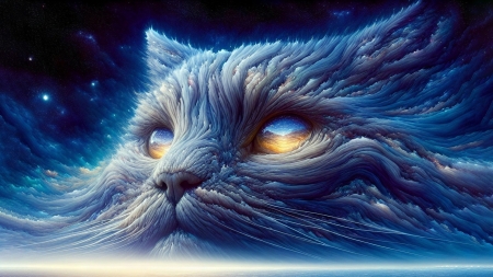 Cat cloud - storm, fantasy, blue, cloud, pisici, orange, art, cat, eyes