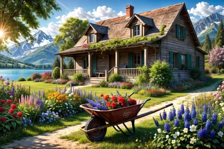 Country life - house, cart, beautiful, grass, rustic, freshness, mountain, flowers, province, countryside, view, serenity, lake, peaceful, cottage, rural