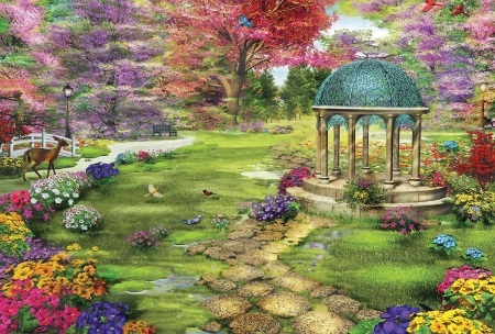 Land of Contemplation - artwork, flowers, gazebo, painting, park, trees