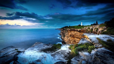 Lighthouse At The Ocean, Sydney, Australia - clouds, coast, rocks, sky, water, waves