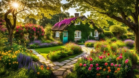 A small cottage in a garden with colourful flowers