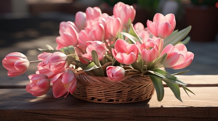 Basket of pink Tulips - Tulips, Pink, Basket, Flowers