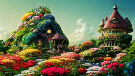 Colorful Garden Houses - art, blossoms, digital, flowers