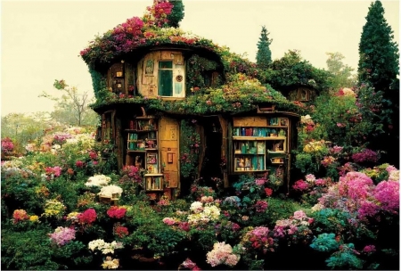 Hidden Reading - art, digital, house, flowers, blossoms, colors