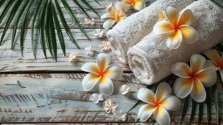 Plumerias on a towels - Towels, Plumerias, White, Flowers