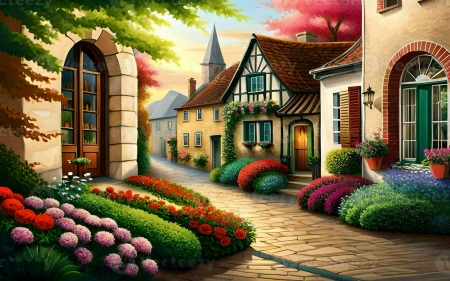 Houses And Flowers - artwork, blossoms, digital, houses, street, village