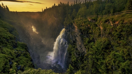 Hallingsafallet Waterfall, Sweden - trees, sunset, rocks, river, cascades, landscape