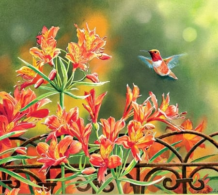 Hummingbird - vara, bird, colibri, summer, flower, fence, hreen, pasari, pictura, nature, red, painting, hummingbird, art