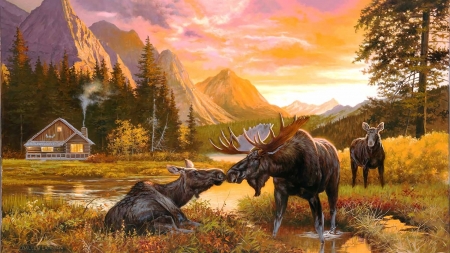Wild Serenity - artwork, cabin, clouds, colors, moose, mountains, painting, sky, sunset