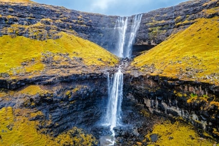 Fossa Waterfalls, Faroe Islands - island, cliffs, waterfall, nature