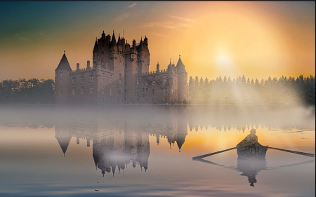 Sunrise on Glamis Castle, Scotland - sunrise, scotland, castle, boat, foggy, reflection