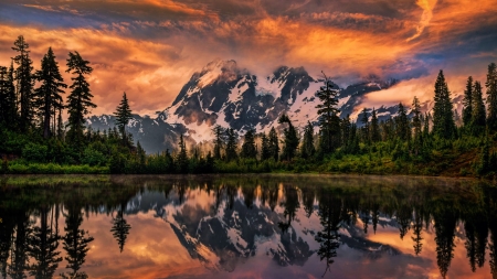 Mount Shuksan, North Cascades, Washington - water, sunset, colors, lake, sky, reflections, clouds, trees, landscape, usa