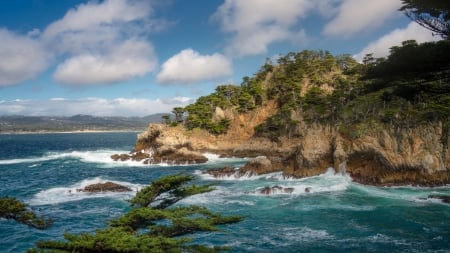 Cypress Cove at Point Lobos, California - pacific, rocks, usa, clouds, trees, ocean, sky