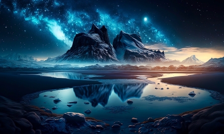 Surreal Mountain Scape - digital, Night, Moubtains, lake, reflection, stars, water, evening, nature, surreal