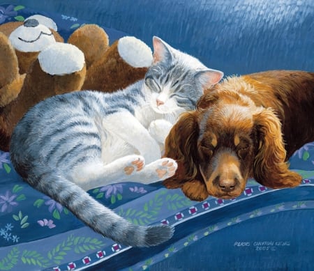 Nap with friends - persis clayton weirs, blue, sofa, brown, dog, nap, cat, white, pictura, sleep, painting, teddy bear, pisici, cute, caine, art