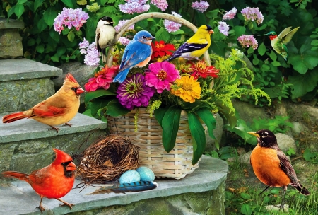 Birds On The Porch Steps - art, blossoms, cardinals, colors, digital, flowers