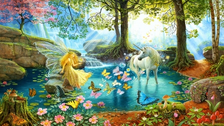 Butterfly Fairy - art, digital, flowers, girl, river, trees, unicorn, waterfall, wings