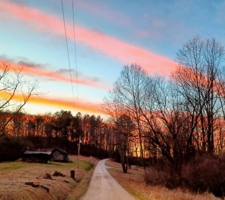 Dirt Road - gravel, trees, pink, blue, brown