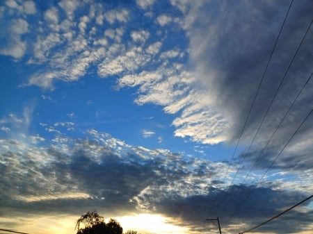 After the Storm - yellow, blue, gray, clouds, white, wire