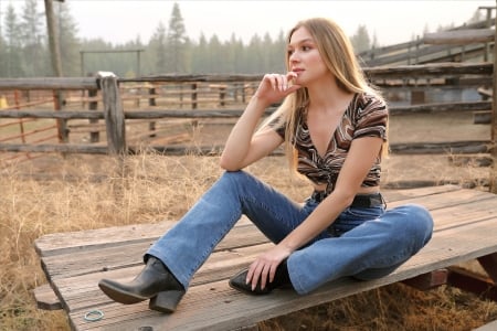 Cowgirl ~ Stefani - boots, cowgirl, jeans, outdoors, blonde, table