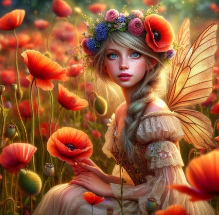 Poppy - fairy, flowers, magic, wreath