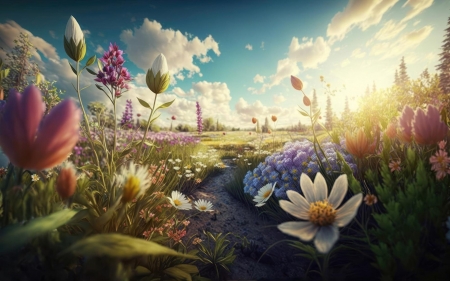 Flower Meadow - art, blossoms, clouds, digital, flowers, sky
