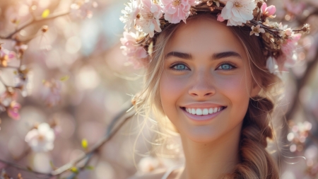 :) - smile, wreath, blossom, woman, girl, face, flower, pink, spring