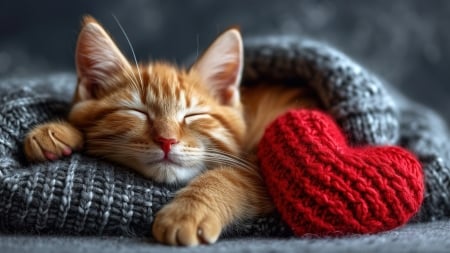 :) - cat, heart, ginger, orange, kitten, sleep, red, valentine, pisici, cute, day, card