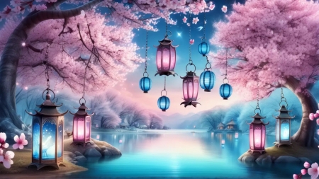 Enchanted Cherry Blossom Forest with Pink and Blue FairyTale Lanterns - art, colors, digital, flowers, river, trees