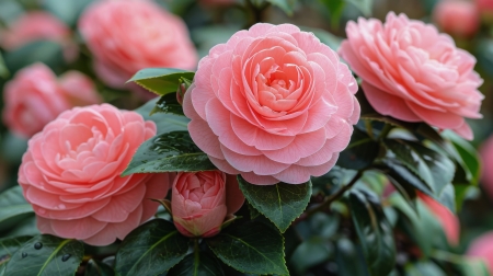 Pink camellia - Macro, Branches, Leaves, Flowers